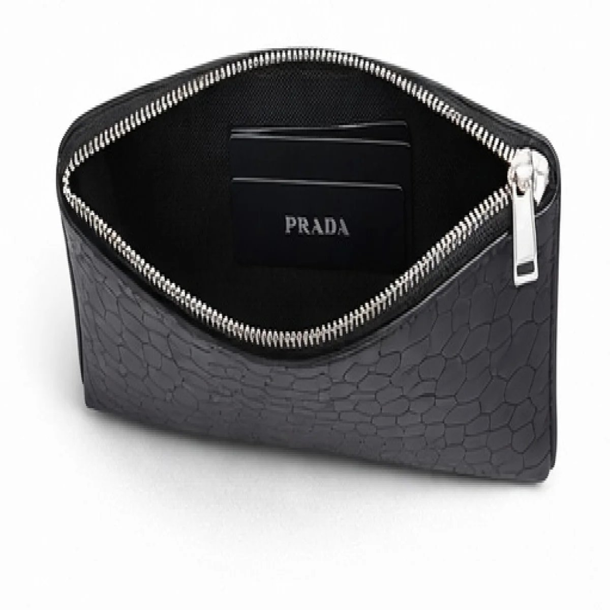 Prada – Crocodile-Embossed Leather Zip Clutch – Black Edition - صورة 5
