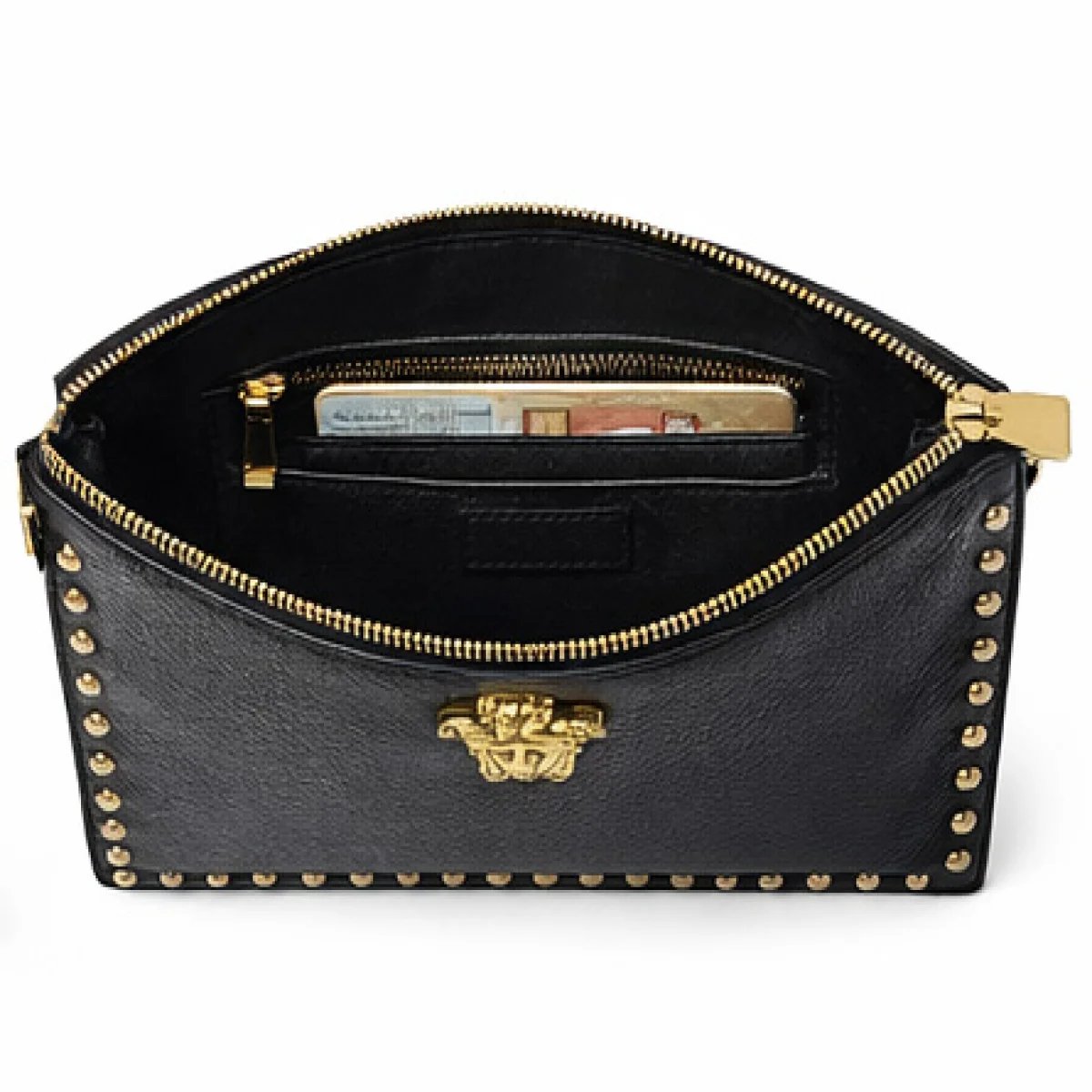 Versace – Medusa Studded Leather Zip Clutch – Black & Gold Edition - صورة 5
