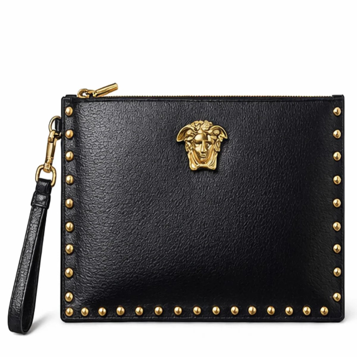 Versace – Medusa Studded Leather Zip Clutch – Black & Gold Edition - صورة 6