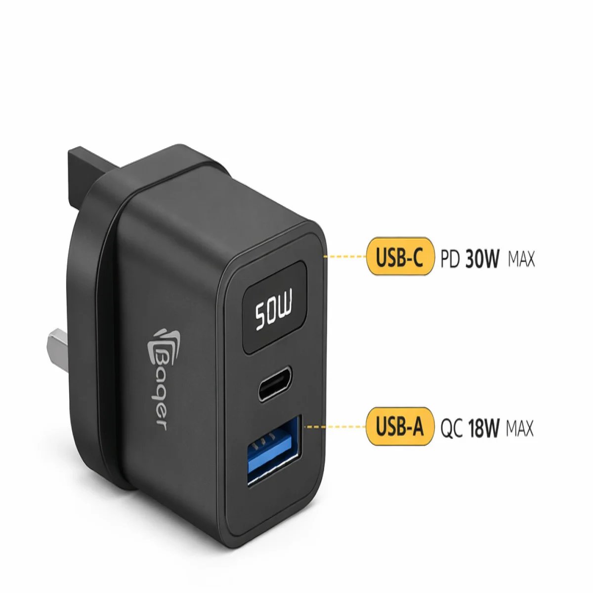 Baqer 50W Fast Wall Charger with Digital Display (PD/QC) –BC_336D - صورة 4