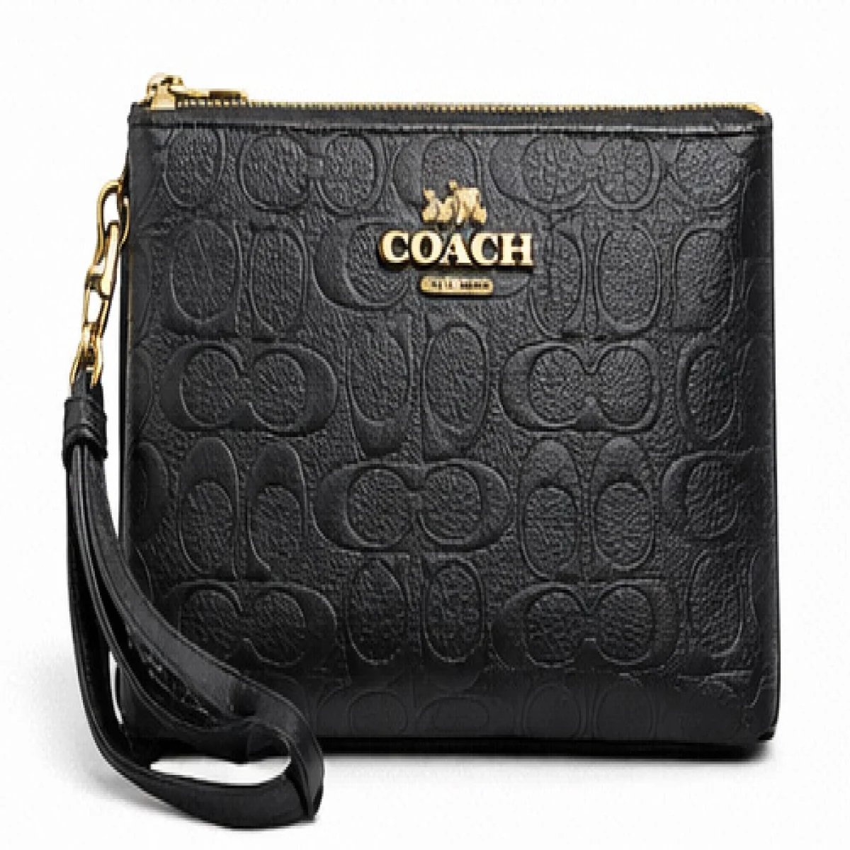 Coach – Signature Embossed Leather Wristlet Clutch – Black Edition - صورة 6