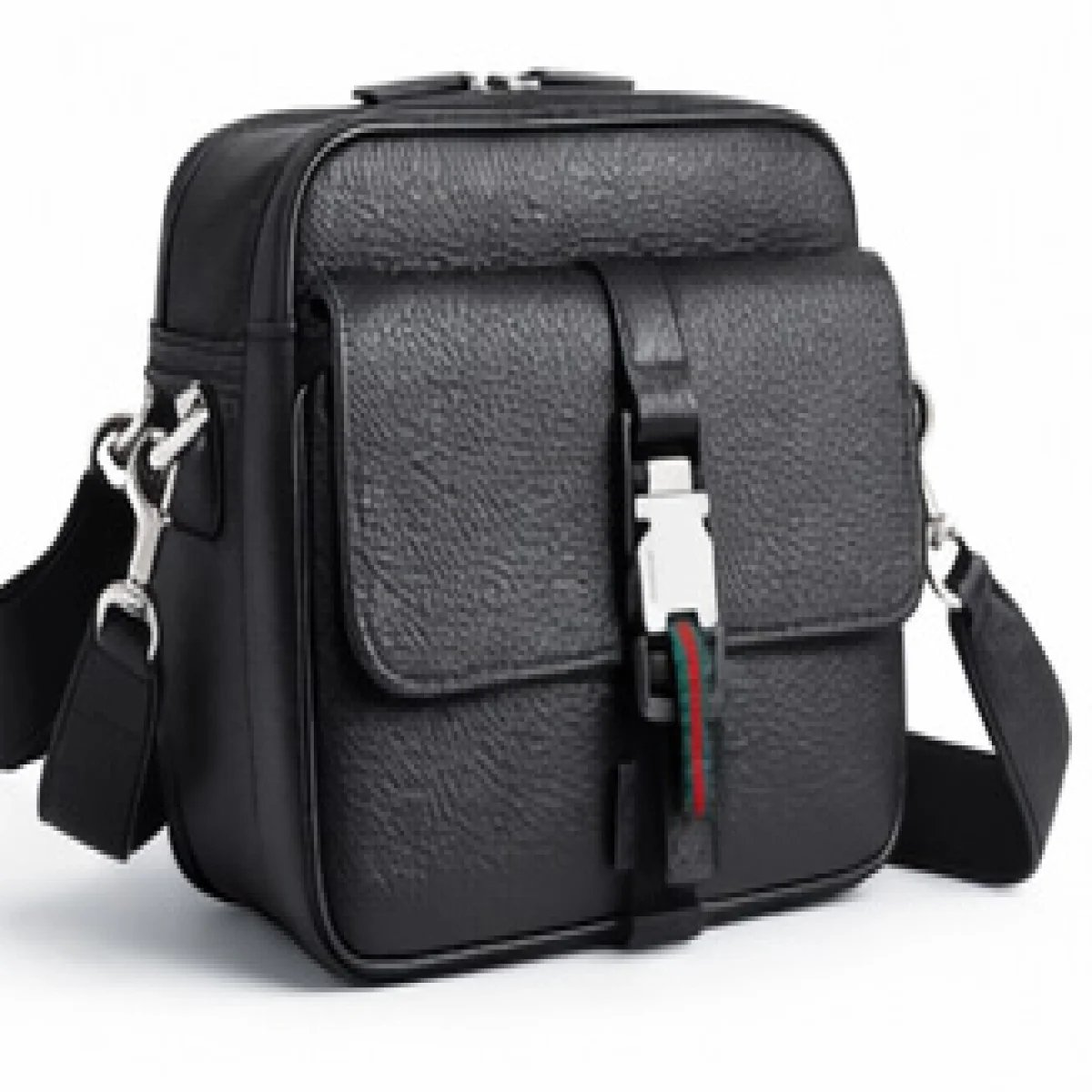 Gucci – Web Stripe Leather Crossbody Bag – Black Edition - صورة 2