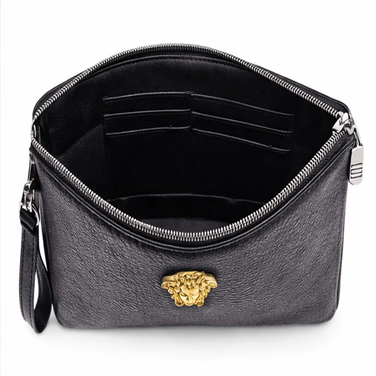 Versano Medusa Milano – Medusa Icon Embossed Leather Zip Clutch – Black Edition - صورة 3