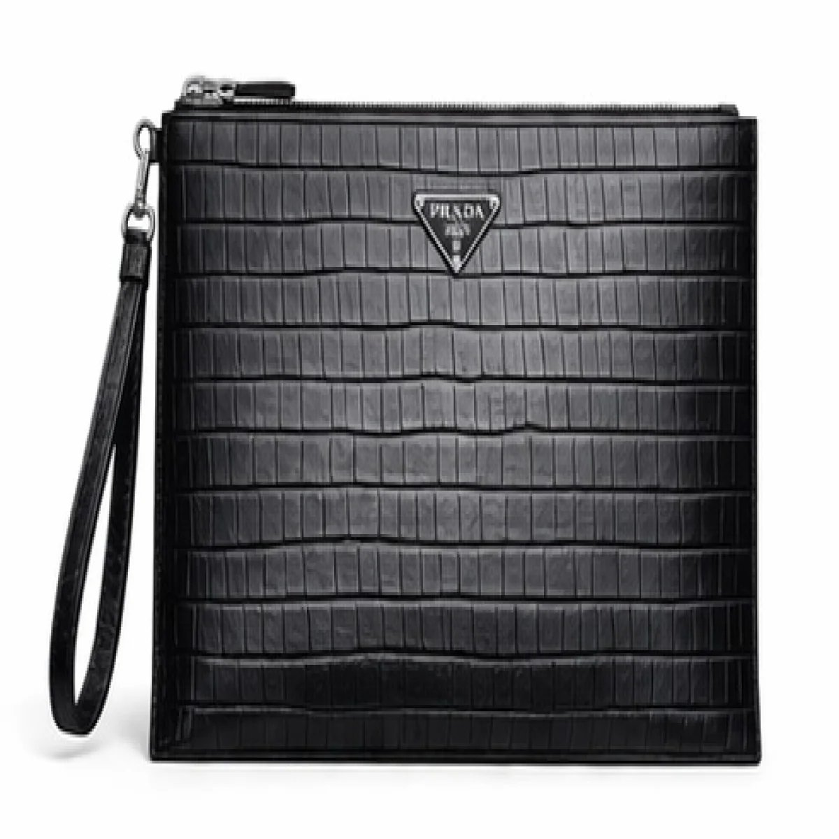 Prada – Crocodile Embossed Leather Wristlet Clutch – Black Edition - صورة 6