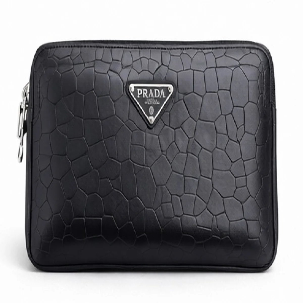 Prada – Crocodile-Embossed Leather Zip Clutch – Black Edition - صورة 6