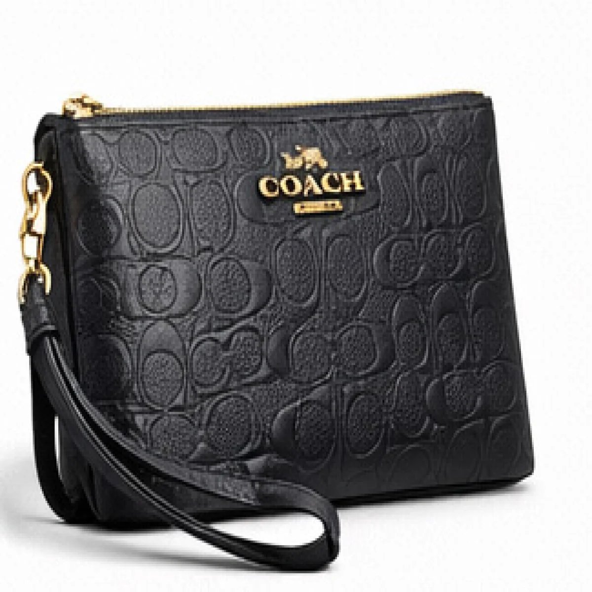 Coach – Signature Embossed Leather Wristlet Clutch – Black Edition - صورة 2