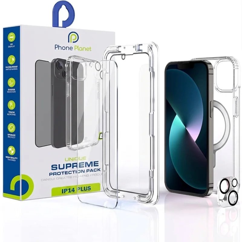 مجموعة الحماية PHONE PLANET 4 في 1 لهاتف iPhone – حافظة + واقي شاشة HD + واقي عدسات الكاميرا