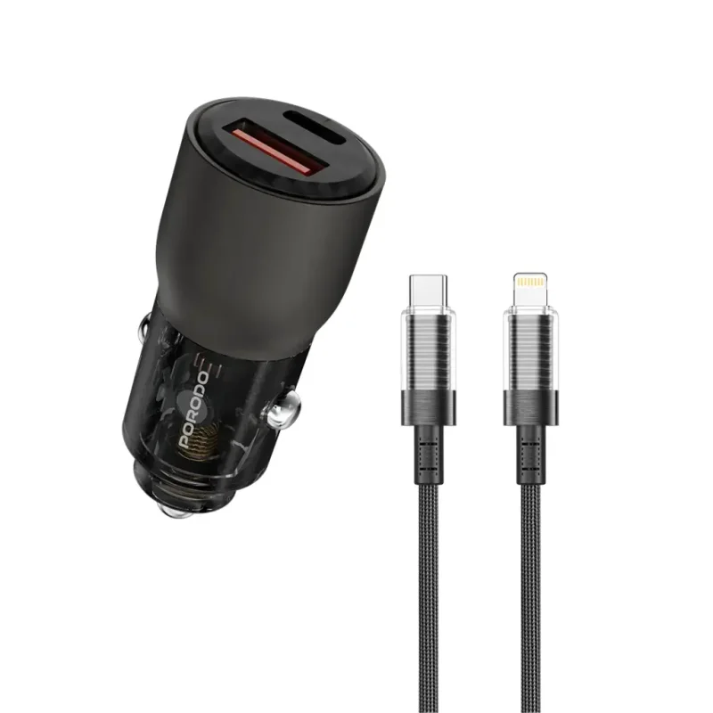 شاحن سيارة شفاف من برودو بقوة 96W بمنفذي USB-C و USB-A مع كيبل تايب سي إلى تايب سي بطول 0.9 متر – رمادي |
