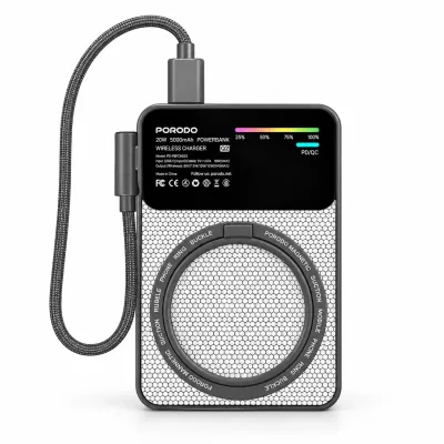 بنك طاقة (Power Bank) ياس بقدرة 20 واط وشاحن لاسلكي Qi2 MagSafe وسعة 10000 مللي أمبير مع كابل Type-C إلى Type-C من بورودو - أسود