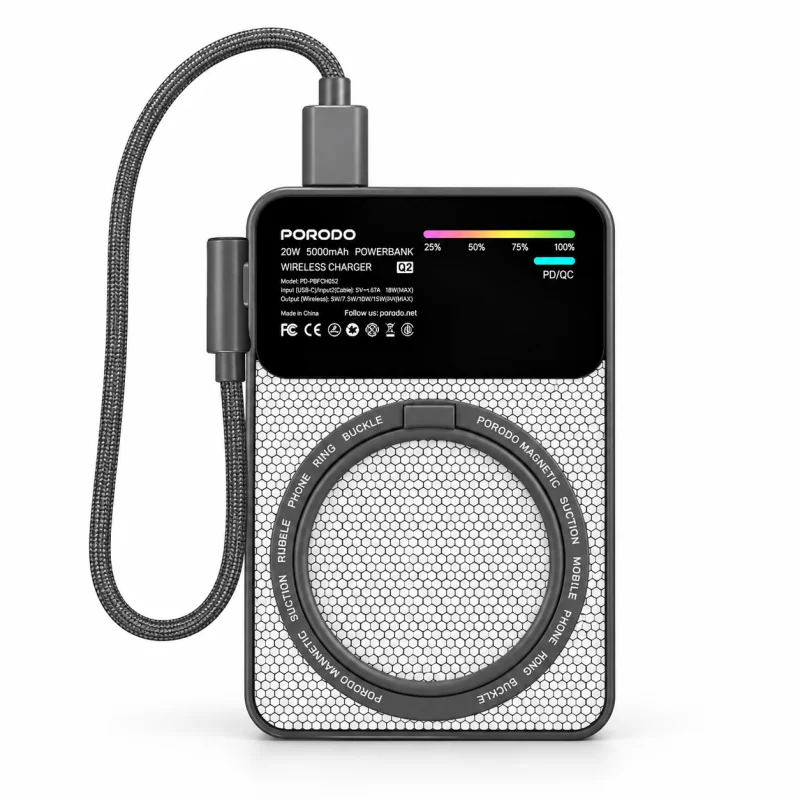 بنك طاقة (Power Bank) ياس بقدرة 20 واط وشاحن لاسلكي Qi2 MagSafe وسعة 10000 مللي أمبير مع كابل Type-C إلى Type-C من بورودو - أسود  6284302771842
