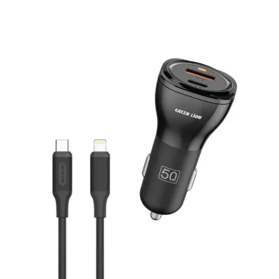 شاحن سيارة ثنائي المنافذ بقدرة 50 واط (PD 30W + QC 20W) مع كابل من USB-C إلى Lightning بطول 1 متر من جرين ليون - أسود
