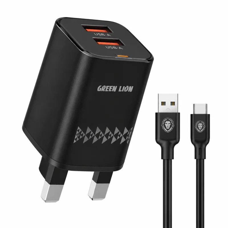 شاحن جداري بريطاني ثنائي المنافذ (منفذي USB-A) مع كيبل USB-A إلى USB-C بطول 1 متر من جرين ليون - أسود