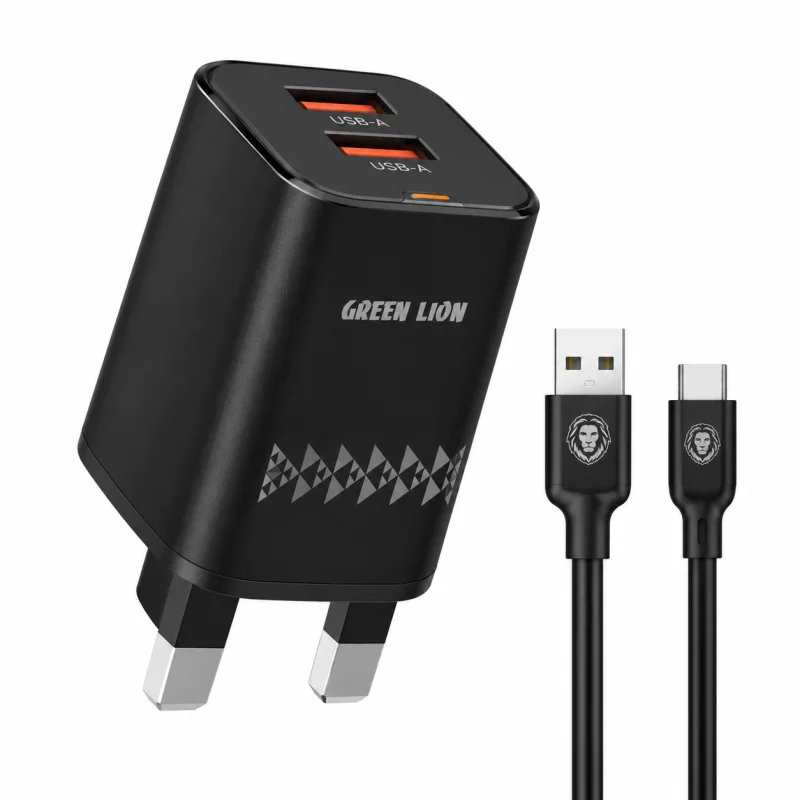 شاحن جداري بريطاني ثنائي المنافذ (منفذي USB-A) مع كيبل USB-A إلى USB-C بطول 1 متر من جرين ليون - أسود