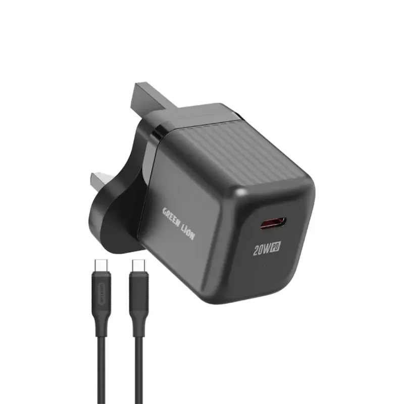 شاحن جداري ألترا كومباكت بتقنية GaN مع قابس المملكة المتحدة ومدخل USB-C بقدرة 20 واط مع كابل من USB-C إلى USB-C بطول 1 متر من جرين ليون - أسود  990478124110