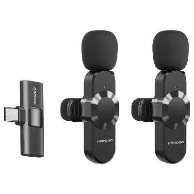 مايك لاسلكي مزدوج Porodo Audix Pro Lavalier بمنفذ Type-C مع محول Lightning – أسود