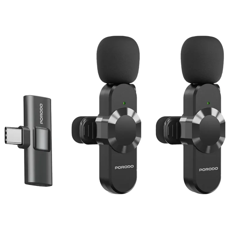 مايك لاسلكي مزدوج Porodo Audix Pro Lavalier بمنفذ Type-C مع محول Lightning – أسود