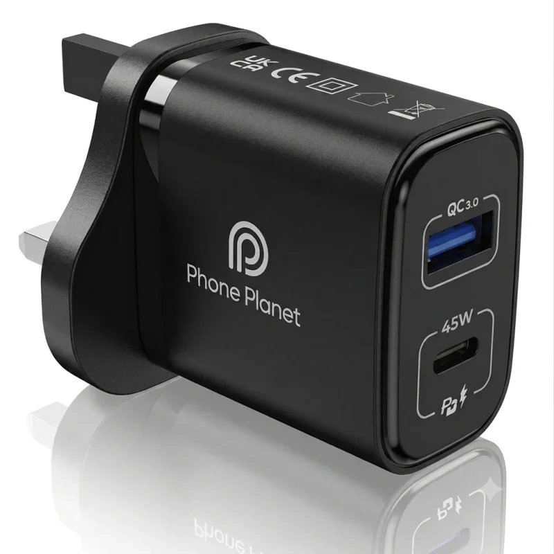 شاحن حائط PHONE PLANET PP-45WAC بقدرة 45 واط مع USB-C وUSB-A