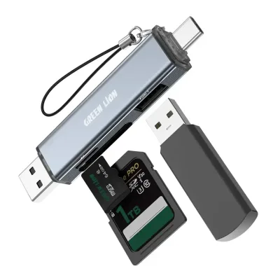 قارئ كروت الذاكرة 3 في 1 جرين لاين بمنفذي USB-A و Type-C - رمادي