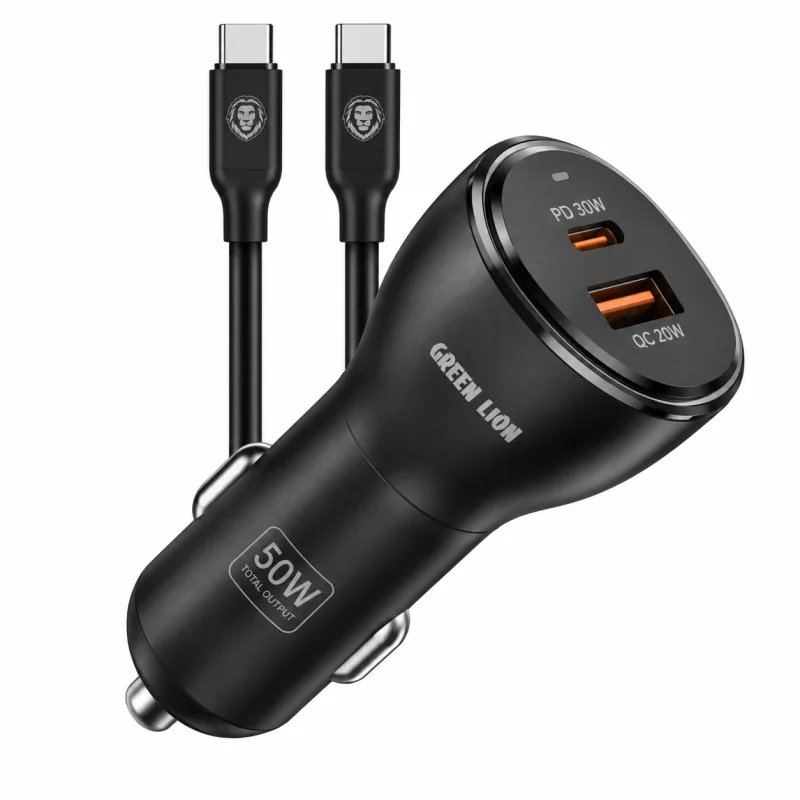 شاحن سيارة ثنائي بمنفذ الشحن السريع QC3.0 بقوة 40 واط (20 واط لكل منفذ) مع كيبل USB-A إلى USB-C بطول 1 متر من جرين ليون - أسود