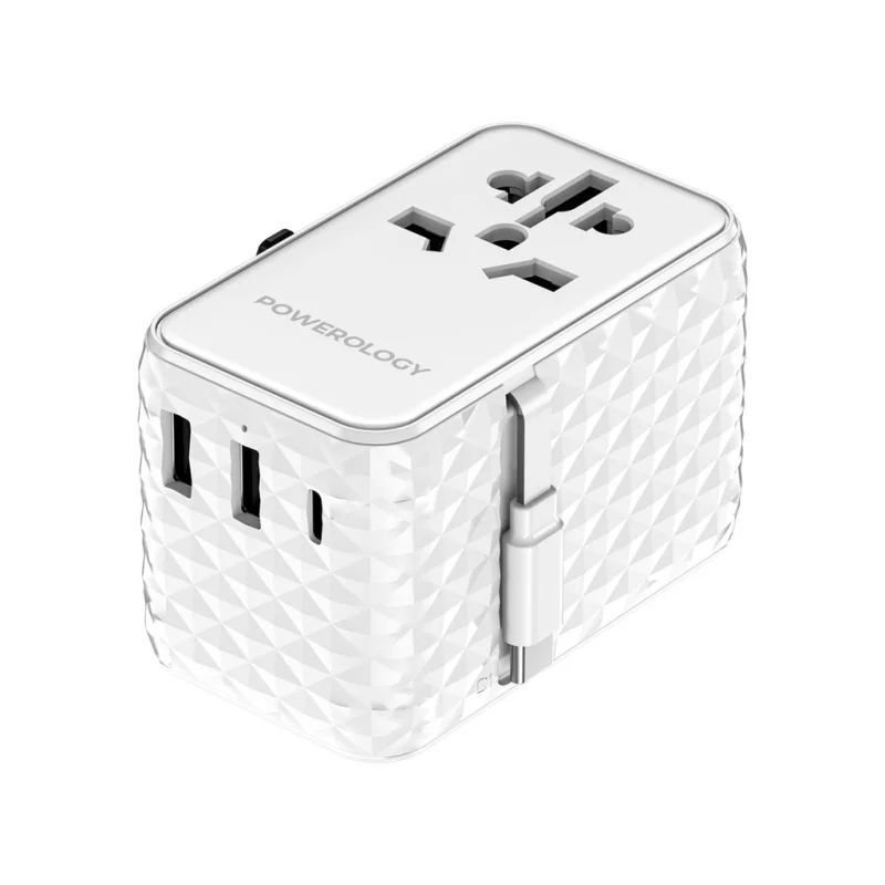 فيش ومحول سفر عالمي Powerology Universal Adapter بقوة 20W PD مع منفذ Type-C ومنفذي USB-A - أبيض 7834953558546