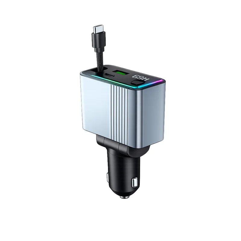 C77 Car Charger FM Transmitter – شاحن سيارة مع مرسل FM وكابل Type-C قابل للسحب