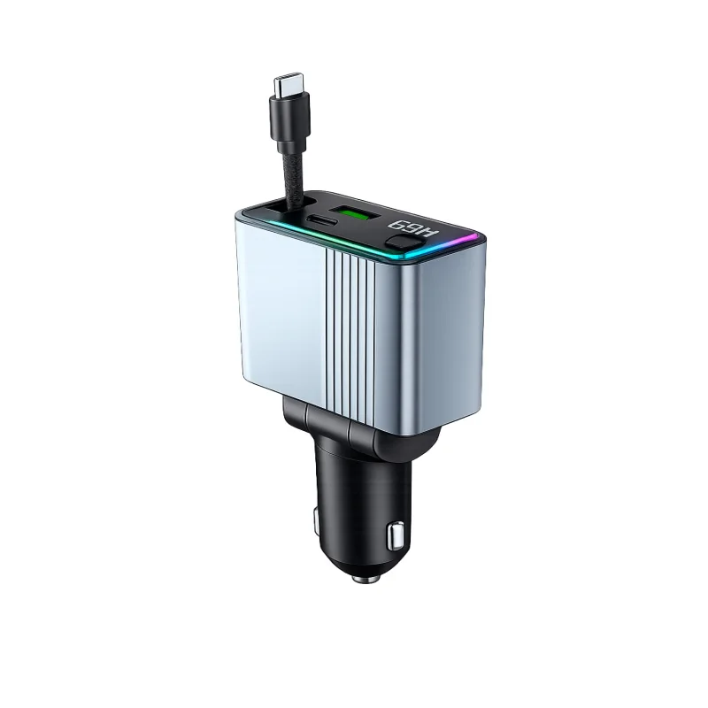 C77 Car Charger FM Transmitter – شاحن سيارة مع مرسل FM وكابل Type-C قابل للسحب