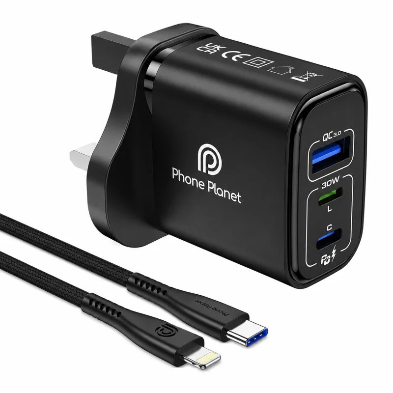 شاحن حائط PHONE PLANET 30W السريع مع كابل مدمج ومنفذي USB
