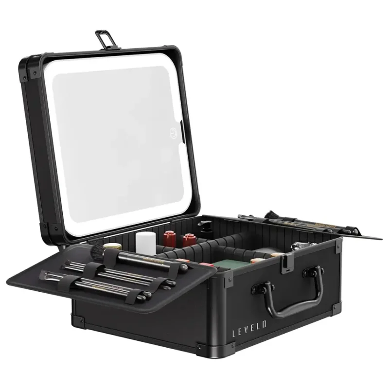 حقيبة ومنظم المكياج Levelo Elite Makeup Box Organizer مزودة بمرآة مدمجة مع إضاءة LED