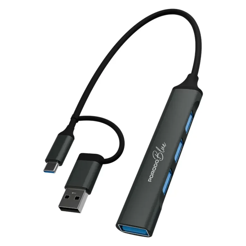 محول ووصلة هاب برودو بلو 4 في 1 برأس مزدوج قابل للتبديل (Type-C و USB-A) لنقل البيانات فائق السرعة – رمادي |  6284302746710