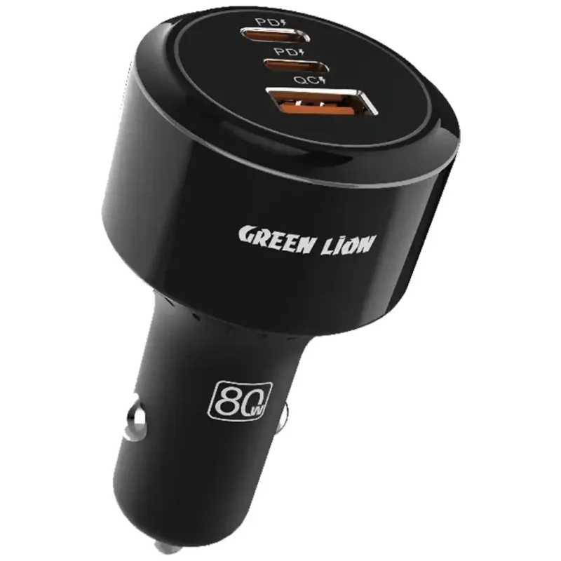 شاحن سيارة ثلاثي المنافذ بقوة 80 واط مع كيبل لايتنينج Green Lion Roadex Triple Port Car Charger 80W with Type-C to Lightning Cable (1m) - أسود 9904781926386
