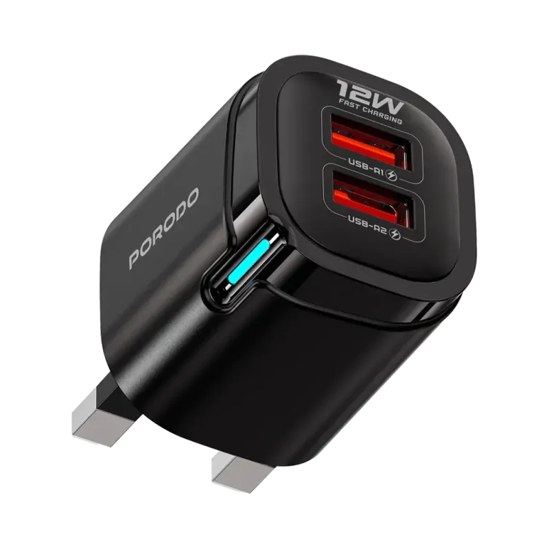شاحن جداري بورتين USB بقدرة 12 واط مع كابل USB-A إلى Lightning بطول 1 متر من بوروودو تيكتو - أسود   6284302769580