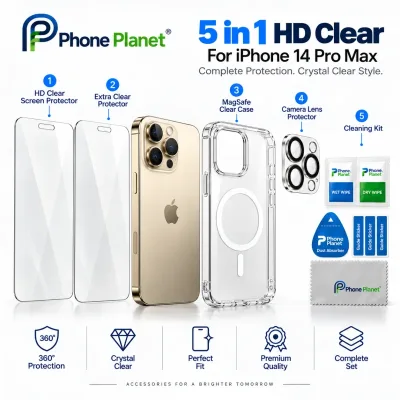 مجموعة الحماية المتكاملة 5 في 1 الشفافة Phone Planet لهاتف آيفون 14 برو ماكس (5-in-1 HD Clear Set)