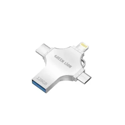 ذاكرة وفلاش ميموري جرين ليون 4 في 1 سعة 128 جيجابايت معدني (Lightning + Type-C + Micro-USB + USB-A) – فضي |