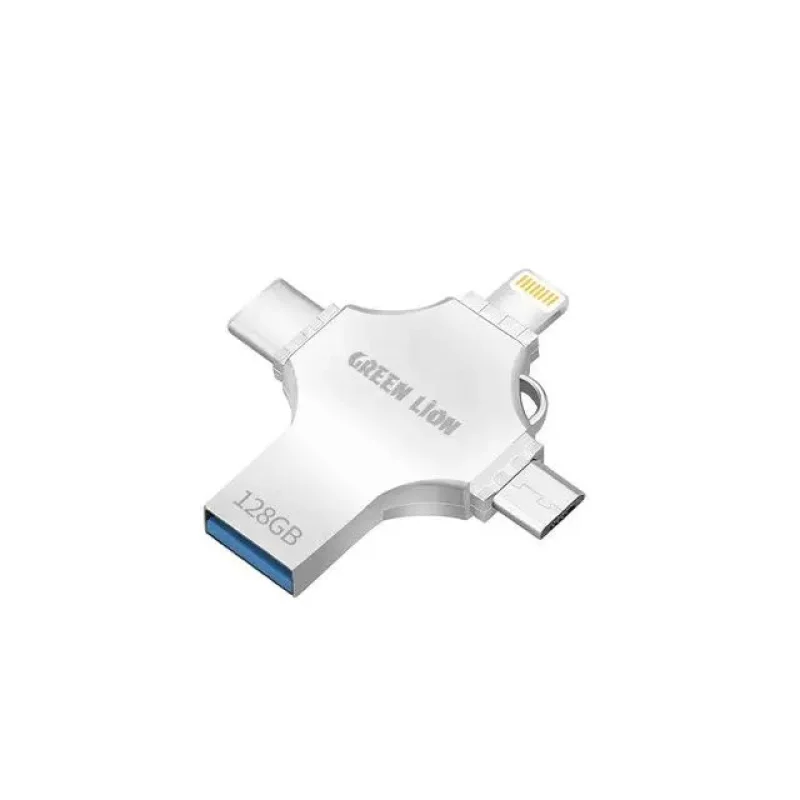 ذاكرة وفلاش ميموري جرين ليون 4 في 1 سعة 128 جيجابايت معدني (Lightning + Type-C + Micro-USB + USB-A) – فضي | 6935100168616