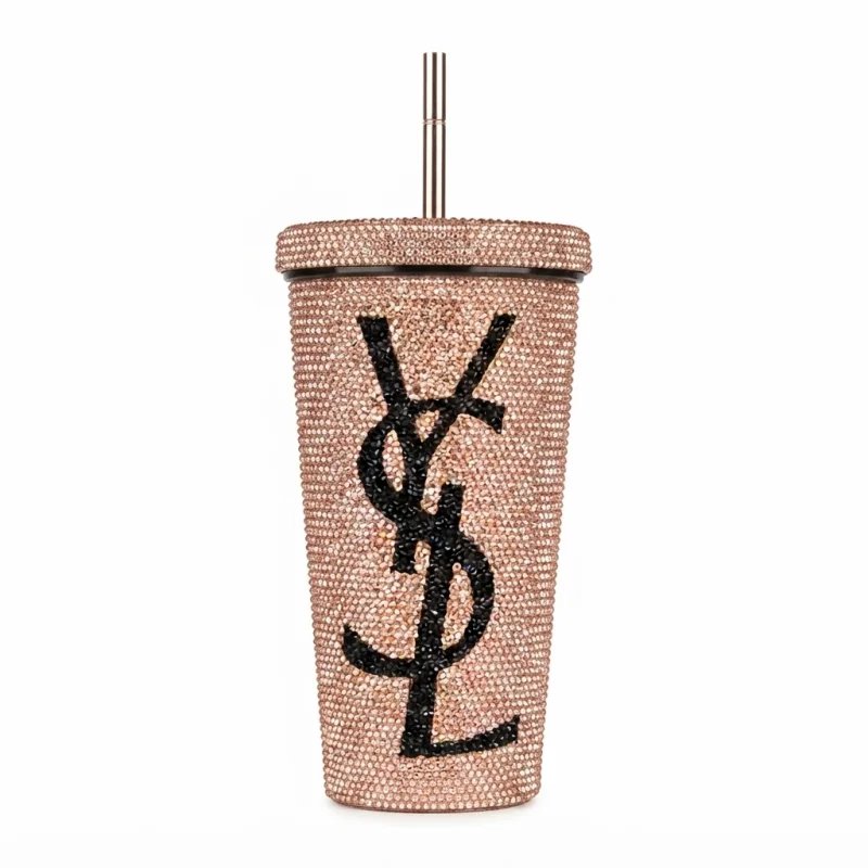 كوب حراري مزين بالكريستال الذهبي مع شعار YSL الأسود