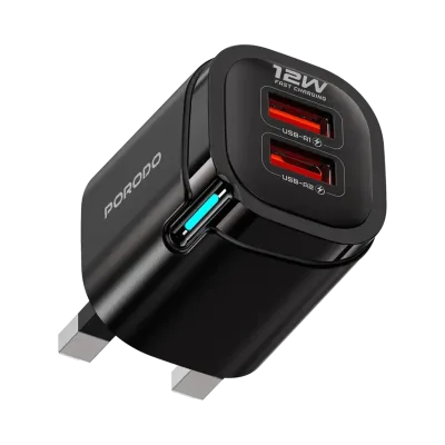 شاحن جداري بورتين USB بقدرة 12 واط مع كابل USB-A إلى USB-C بطول 1 متر من بوروودو تيكتو - أسود