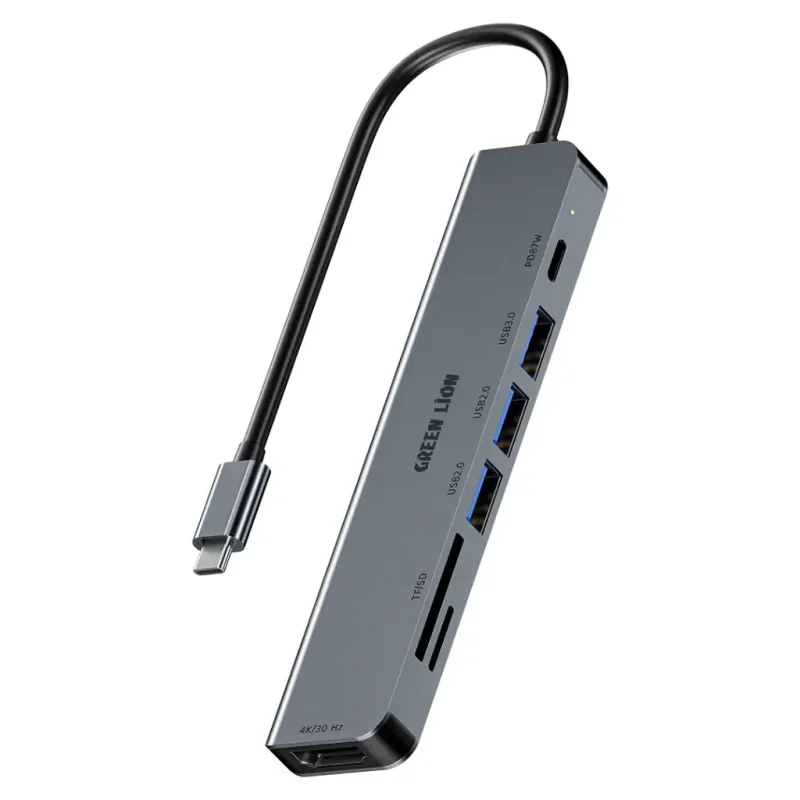 محول ووصلة هاب جرين ليون 7 في 1 تايب سي (دقة 4K HDMI، شحن سريع 100W PD، قارئ كروت SD/TF، ومنافذ USB) – رمادي |  9904781902830