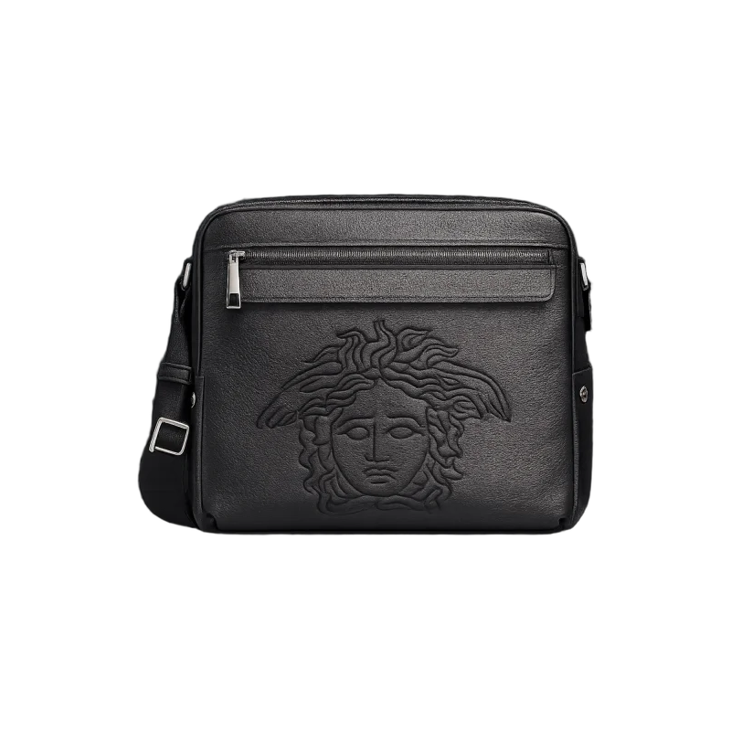 Medusa Embossed Leather Messenger Bag – Black Edition | تصميم فاخر كلاسيكي | باقر ستور العراق