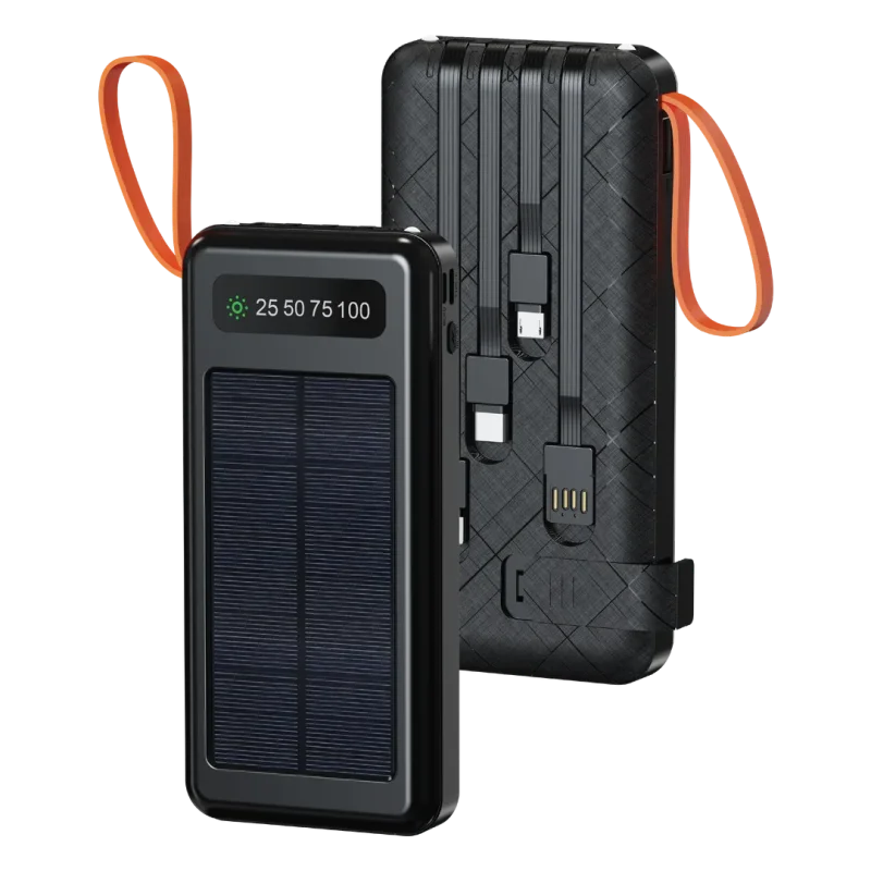 باور بانك طاقة شمسية سعة 30,000mAh مزود بـ 4 كابلات مدمجة وكشاف LED – أسود   6284302783340
