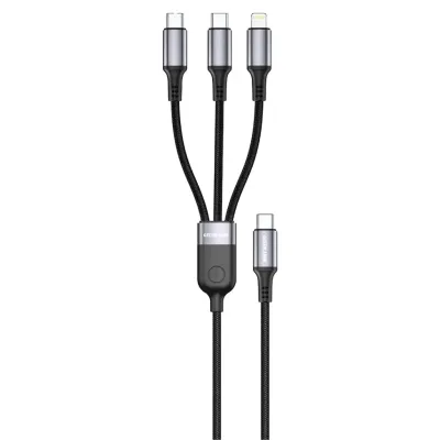 كيبل شحن سريع 3 في 1 جرين لاين بقدرة 60W بطول 1 متر (منفذين Type-C + منفذ Lightning) - أسود