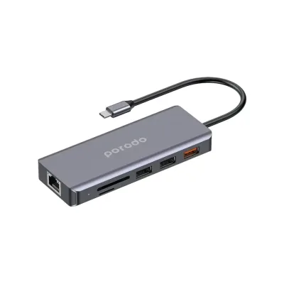 محول ووصلة هاب برودو 9 في 1 تايب سي (شحن سريع 100W PD، دقة 4K HDMI، إيثرنت RJ45، قارئ SD/TF، منفذ AUX 3.5mm، منافذ USB) – رمادي
