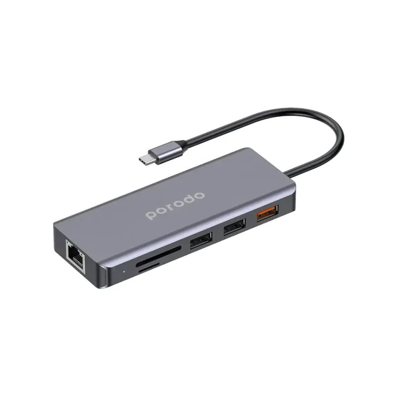 محول ووصلة هاب برودو 9 في 1 تايب سي (شحن سريع 100W PD، دقة 4K HDMI، إيثرنت RJ45، قارئ SD/TF، منفذ AUX 3.5mm، منافذ USB) – رمادي 7267547498124