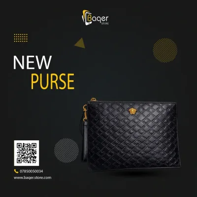 محفظة يد مستطيلة بملمس مضفور وشعار معدني ذهبي اللون – أسود – BQ-WL1375
