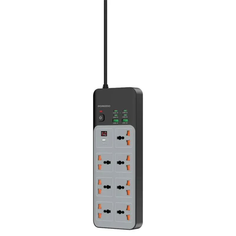 مقبس وموزع طاقة 7 في 1 من بوروودو بمأخذ AC عالمي و 4 منافذ Type-C مع كيبل بطول 3 متر - رمادي 6284302724862
