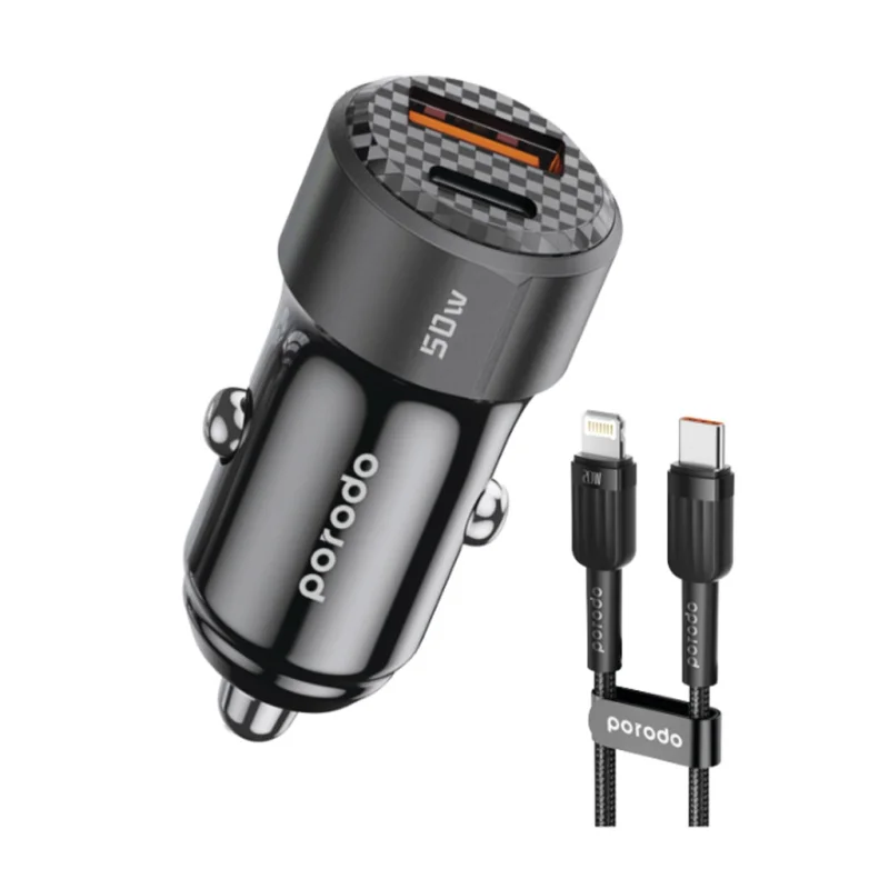 شاحن سيارة برودو مزدوج بقوة 50 واط (PD 20W + QC 30W) مع كيبل تايب سي إلى لايتنينج (آيفون) – أسود | 6849108440547