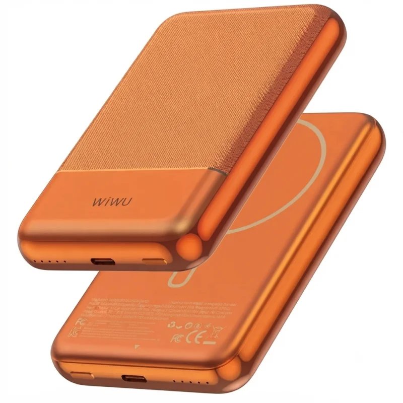 باور بانك WIWU WI-P089 Alloy مغناطيسي بسعة 10000mAh وشحن MagSafe لاسلكي 15W باللون البرتقالي – 6977703659528