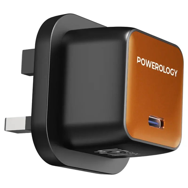 شاحن جداري Powerology بتقنية GaN بقوة 45 واط بمنفذ Type-C (قابس بريطاني UK) - أسود/برتقالي تيتانيوم 6284302709494