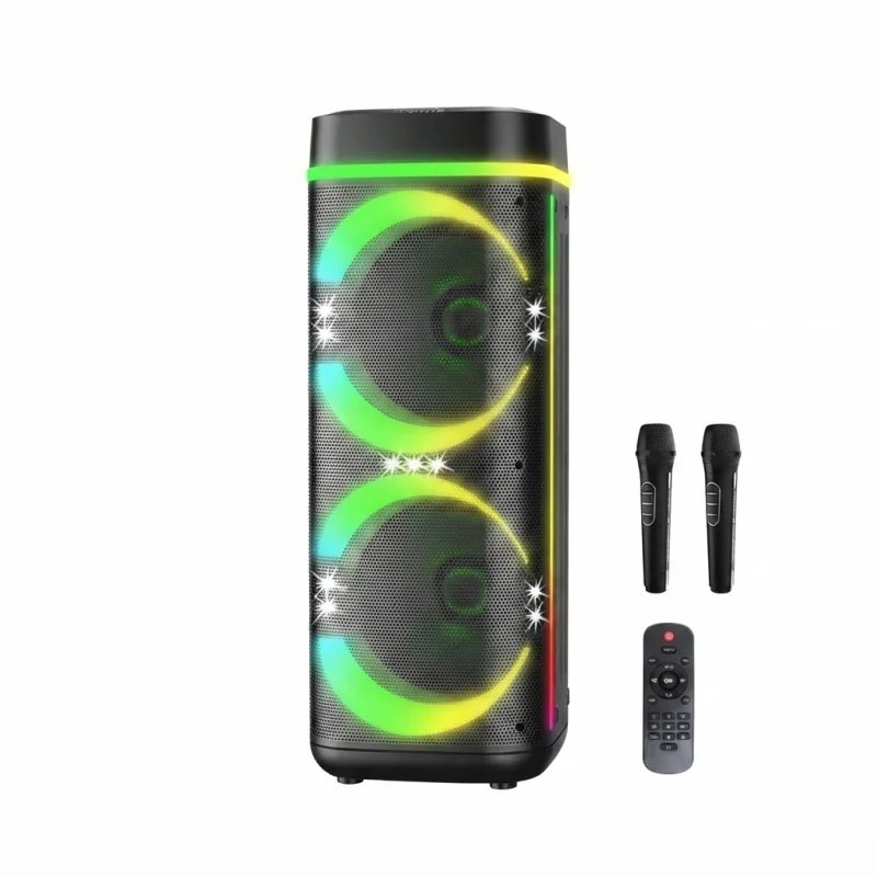 مكبر صوت حفلات محمول إكس باس ABS-12205 بقوة 200 واط مع ميكروفونين لاسلكيين وإضاءة RGB