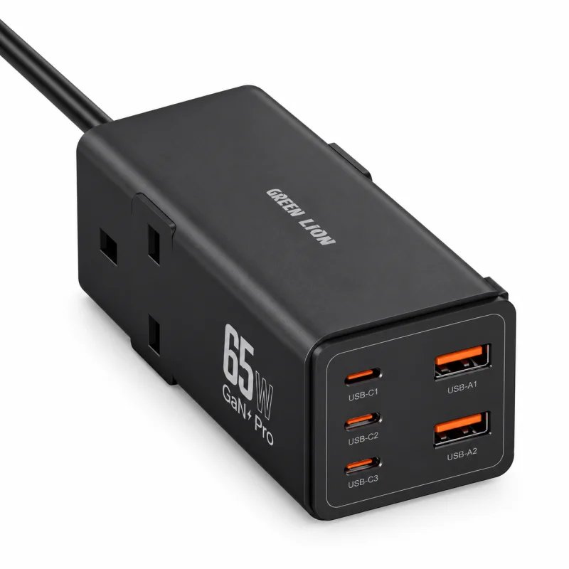 موزع وشاحن طاقة غرين ليون Green Lion 7 In 1 GaN 65W Power Strip - لون أسود