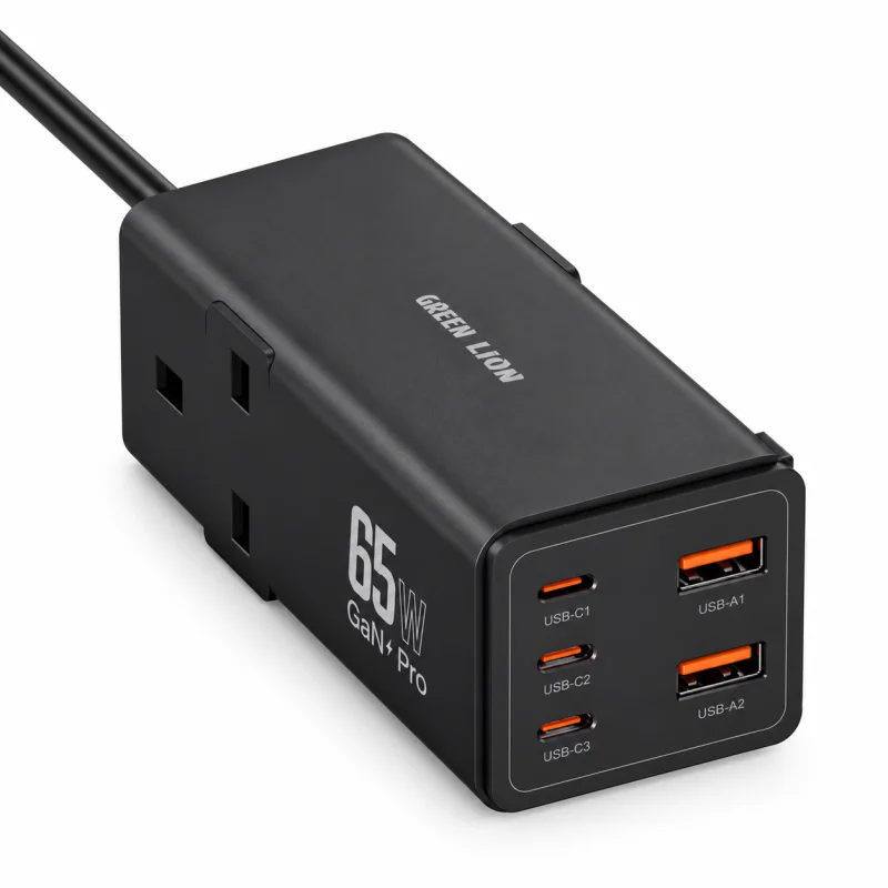 موزع وشاحن طاقة غرين ليون Green Lion 7 In 1 GaN 65W Power Strip - لون أسود